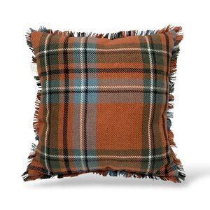 Grandin Road Farmhouse Fall Plaid Pillow 18" Cover w/ Insert Rust Brown